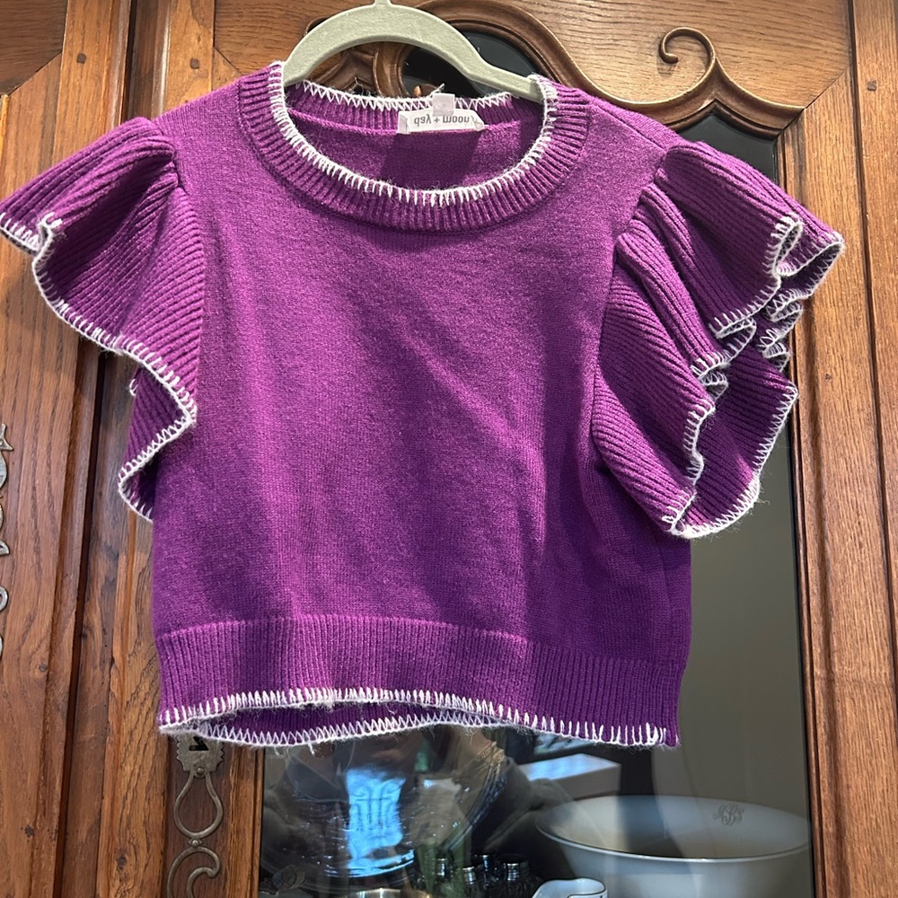 Day and Moon - Ruffle Contrast Stitch Sweater - purple and white - size small
